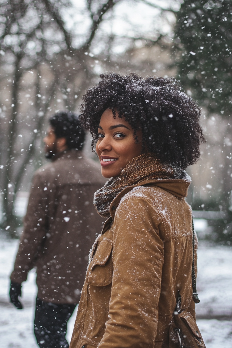 A Couple Enjoying a Snowy Winter Walk in Park