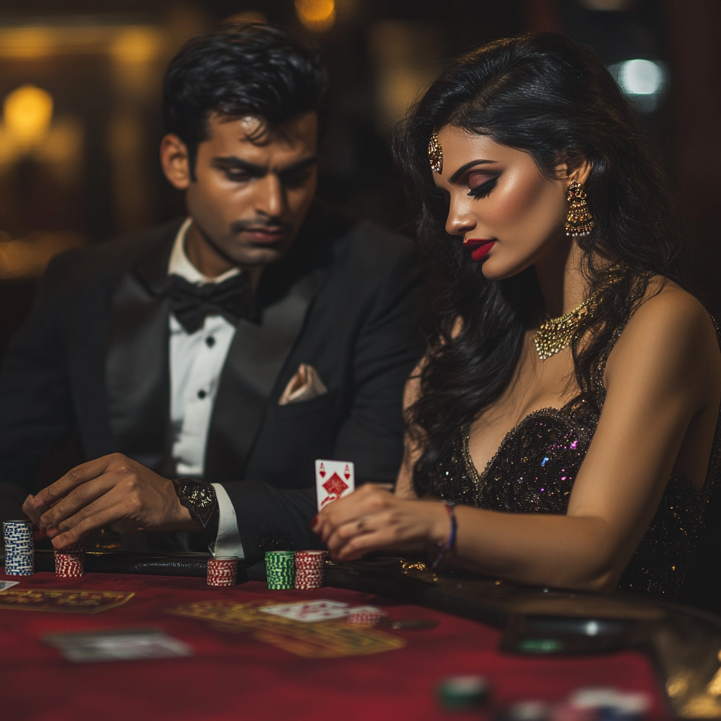 Indian Couple Playing Poker at Home Night Party