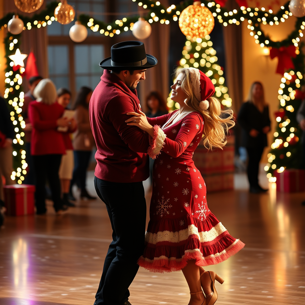 A Couple Salsa Dancing in Christmas Attire