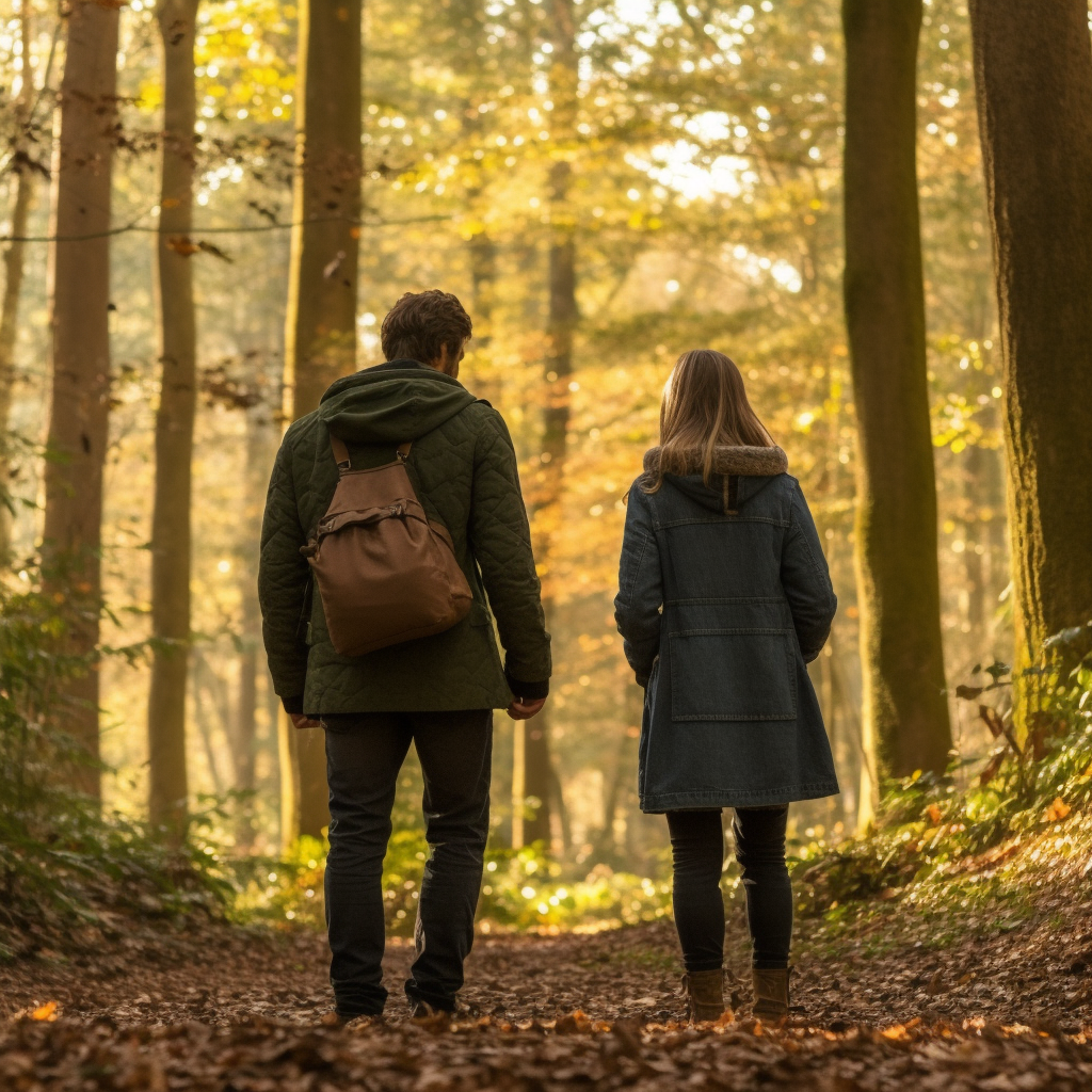 A Couple StandingTogether in a Forest Viewing Scenery