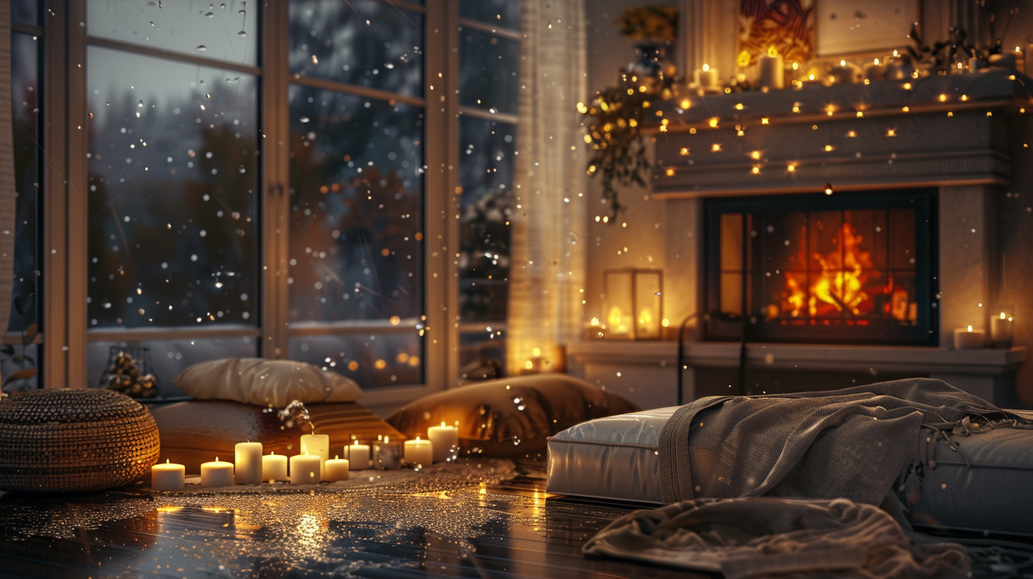 A Cozy Autumn Room with Fireplace and Candles