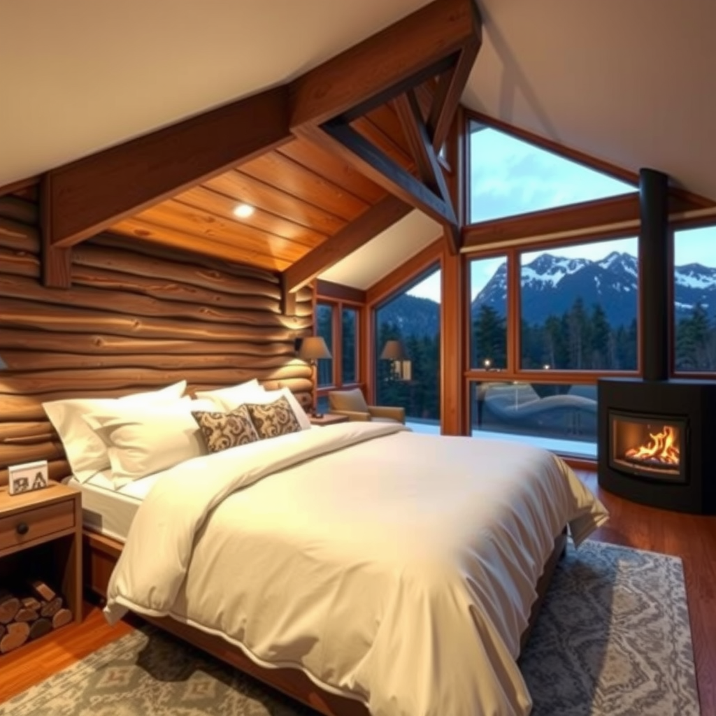 A Cozy Cabin Bedroom Overlooking the Mountains