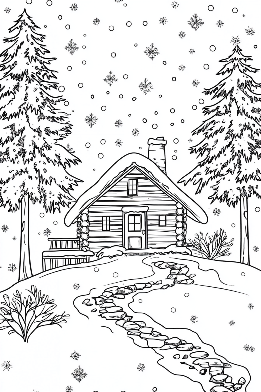 A Cozy Cabin Scene Coloring Page