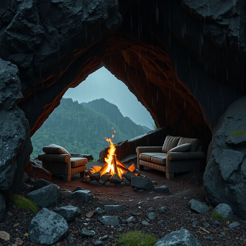 A Cozy Cave Shelter in Rainy Mountainside