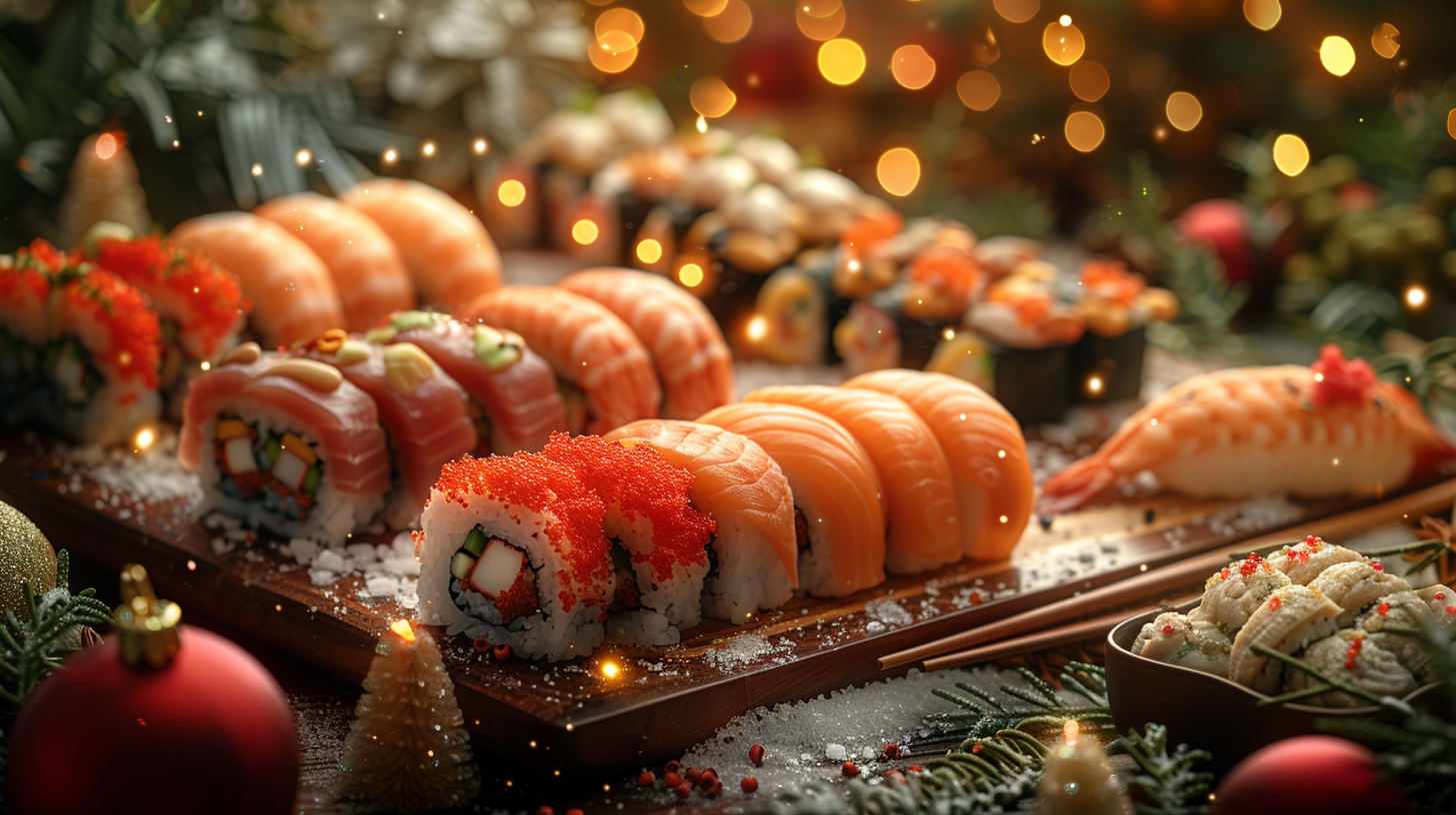 A Cozy Christmas Sushi Restaurant Background