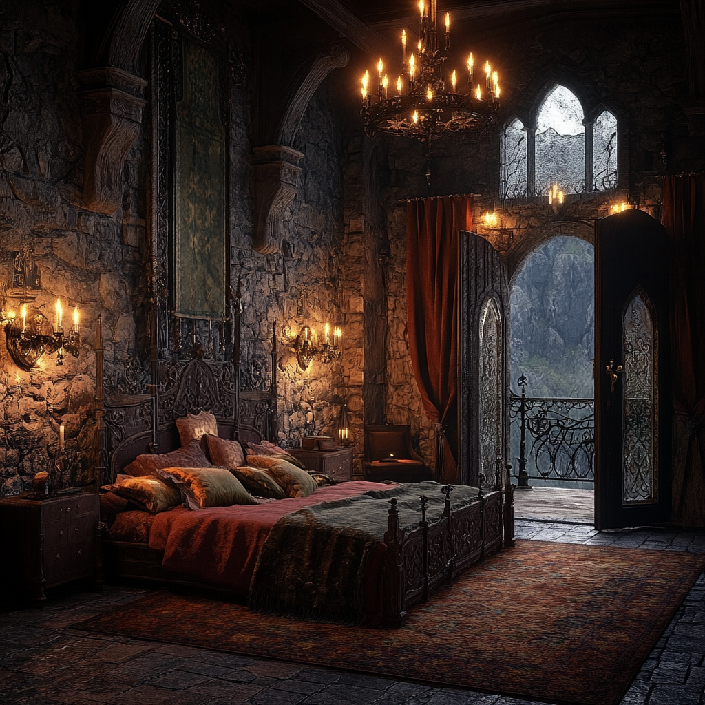 A Cozy Gothic Bedroom with Stone Walls