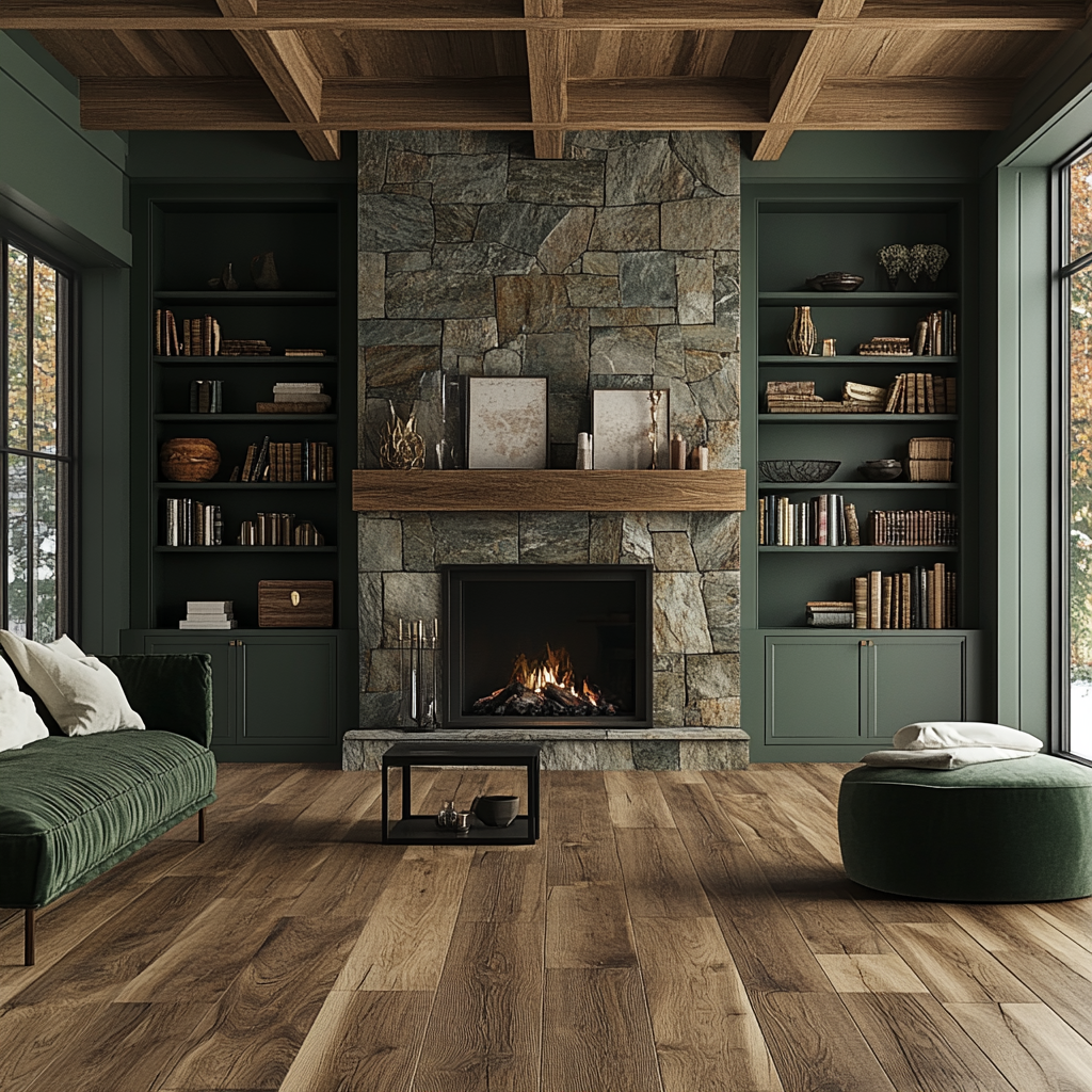 A Cozy Living Room with Fireplace and Stone