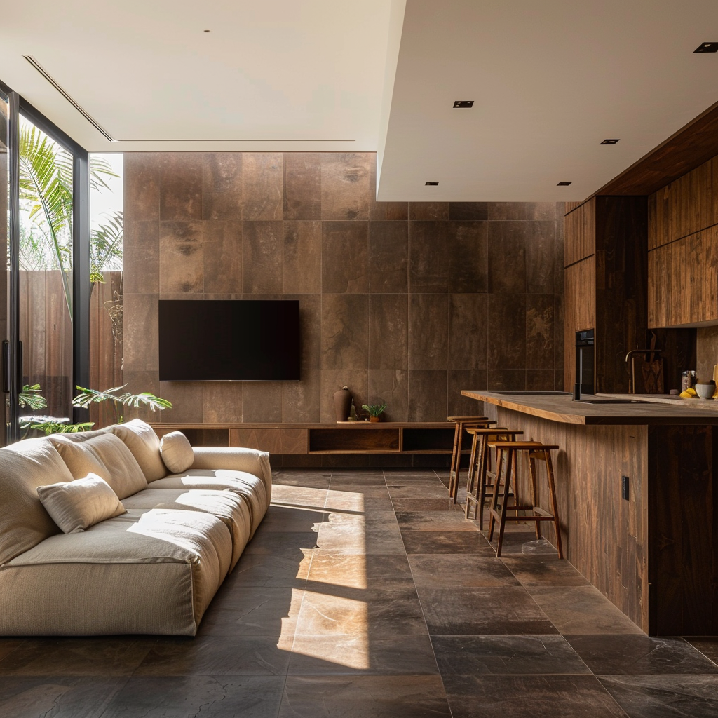 A Cozy Minimalist Living Room with Wooden Bar