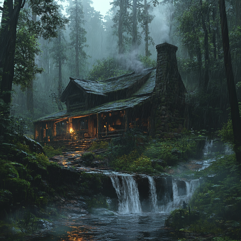 A Cozy Outpost in a Rainy Fantasy Forest