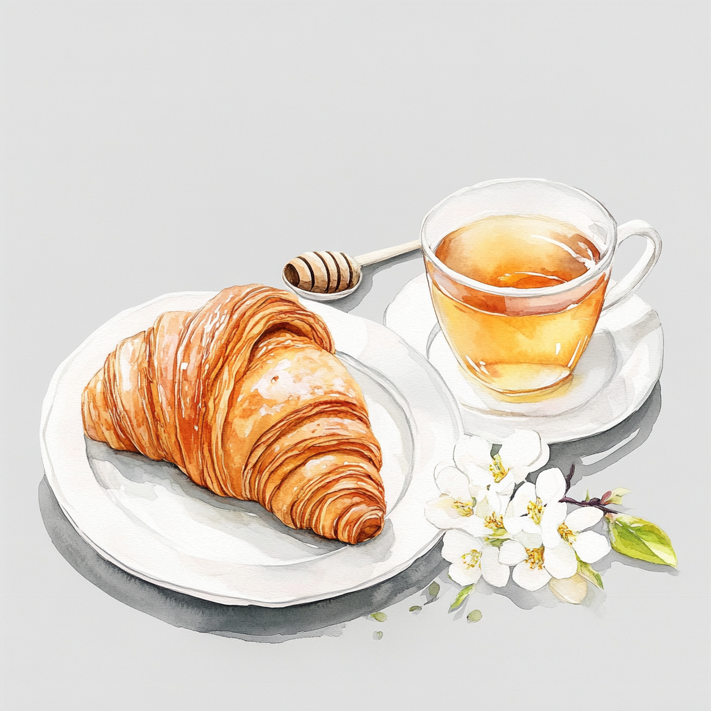 A Croissant and Tea with Honey Watercolor Illustration