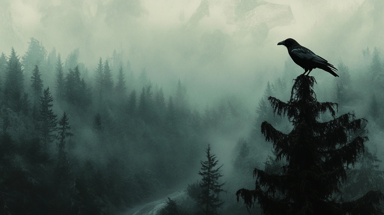 A Crow Observing Forest from Tall Pine Tree