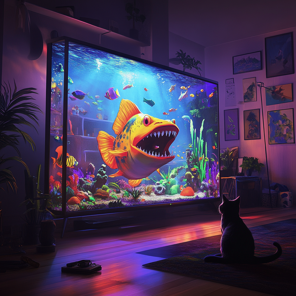 A Curious Cat Watches Colorful Fish on TV