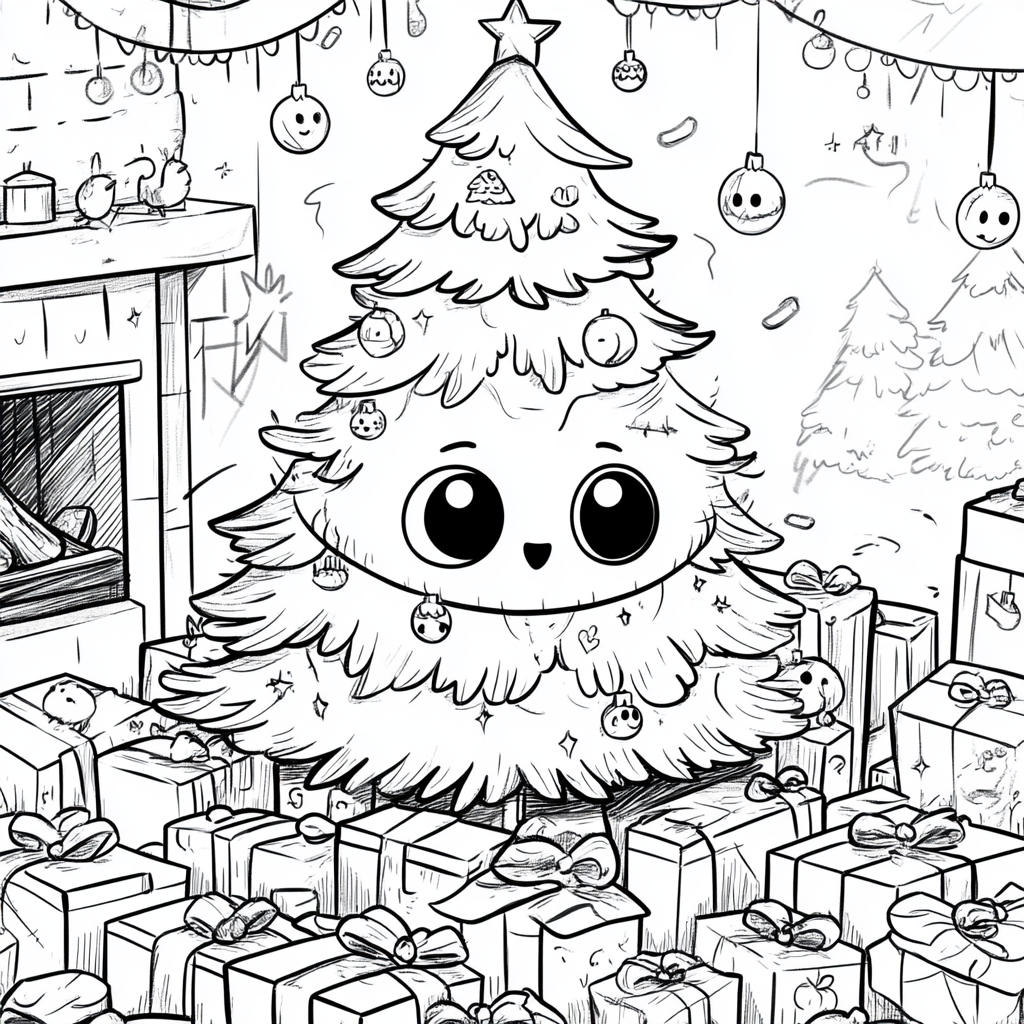 A Cursed but Cute Christmas Tree Coloring Page