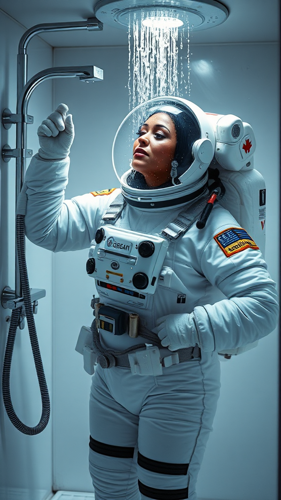 A Curvy Canadian Female Astronaut Showering in Space