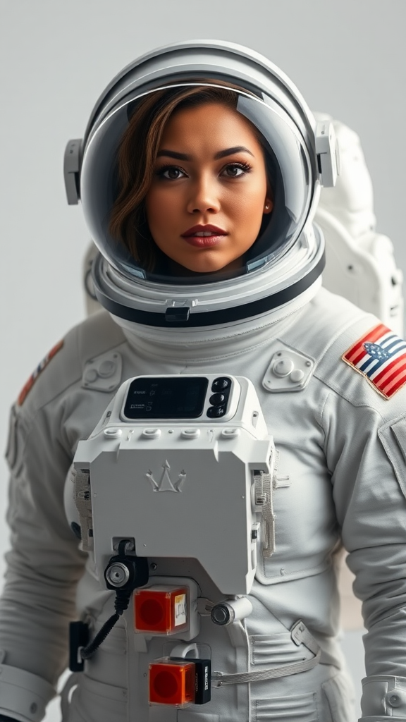 A Curvy Canadian Female Astronaut in Space Suit.