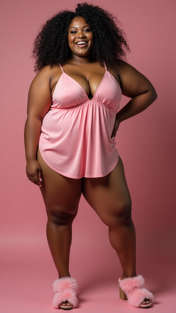 A Curvy Woman in Pink Chemise and Slippers