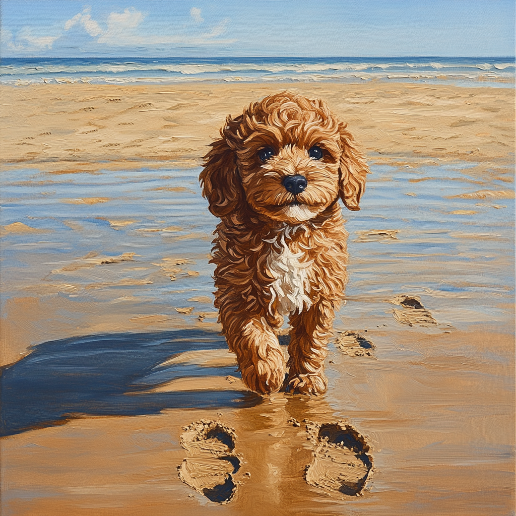 A Cute Brown Cavoodle Dog Playing on Beach