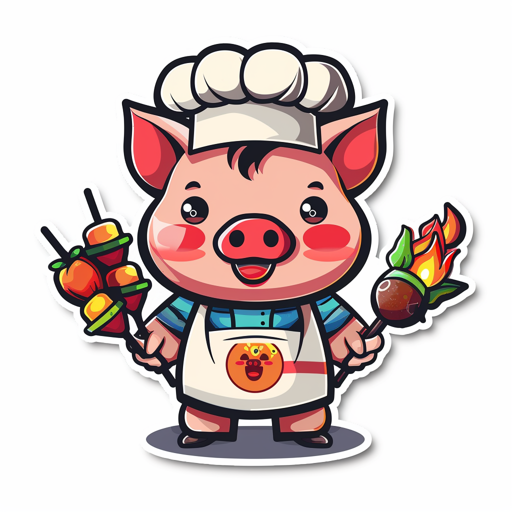 A Cute Cartoon Pig Chef with Pork Satay