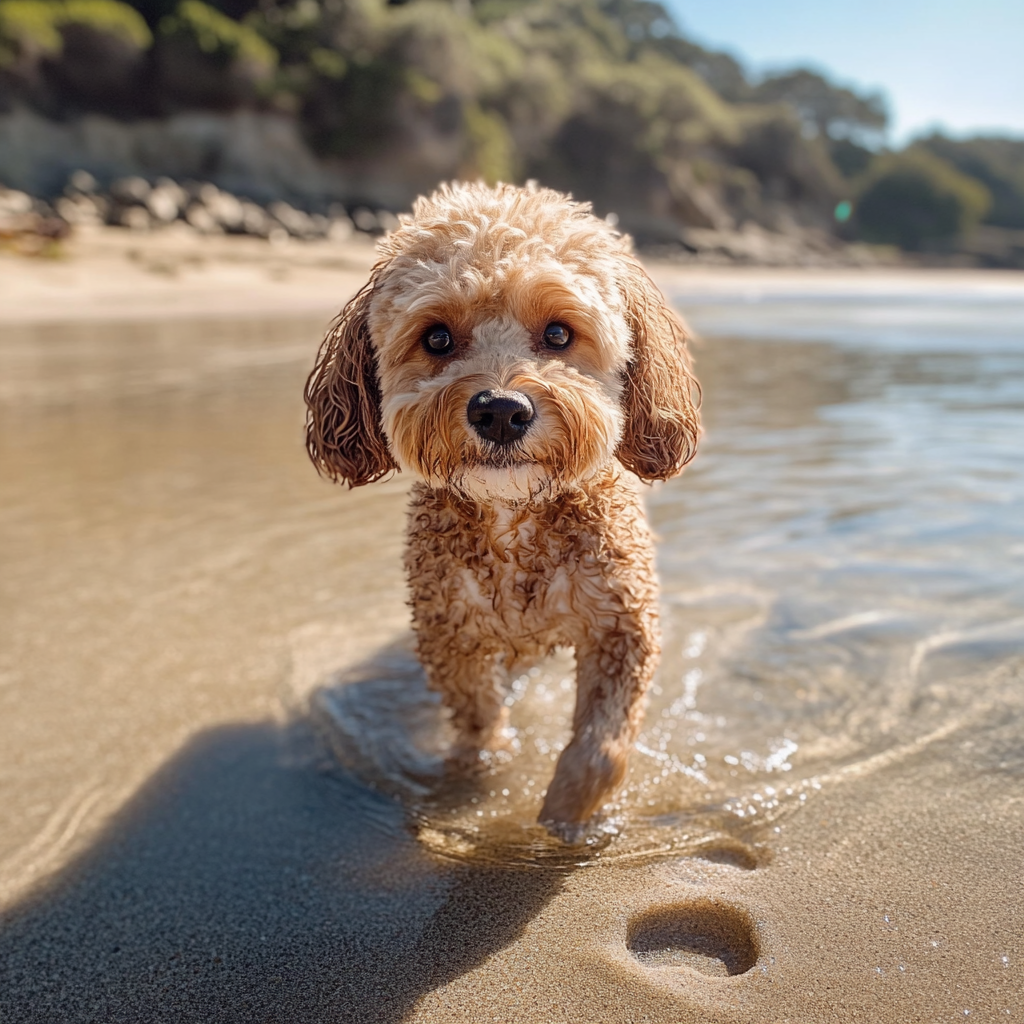 A Cute Cavoodle Dog Walking on Beach