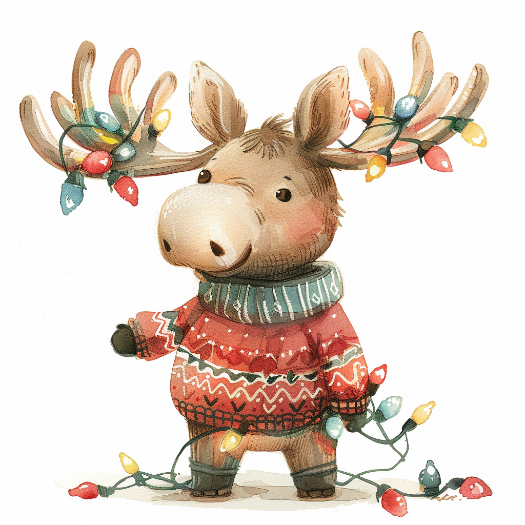 A Cute Christmas Moose with Lights and Sweater