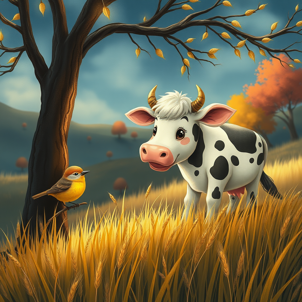 A Cute Cow and Bird Enjoying Farm Life