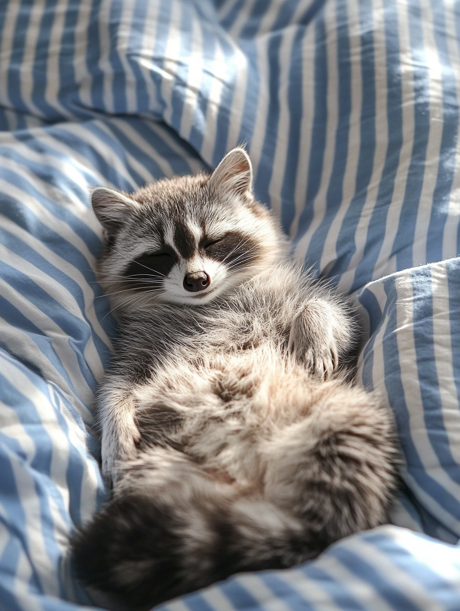 A Cute Duck Raccoon Napping in Sunlight