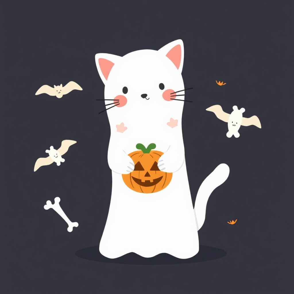 A Cute Ghost Cat on Halloween Night