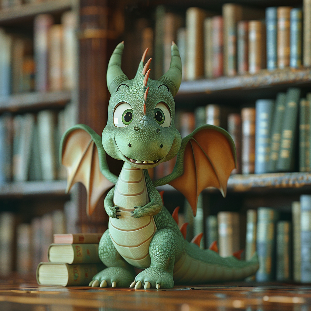 A Cute Green Dragon Standing in Library