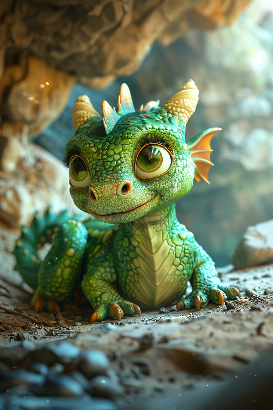 A Cute Green Dragon in a Magical Cave