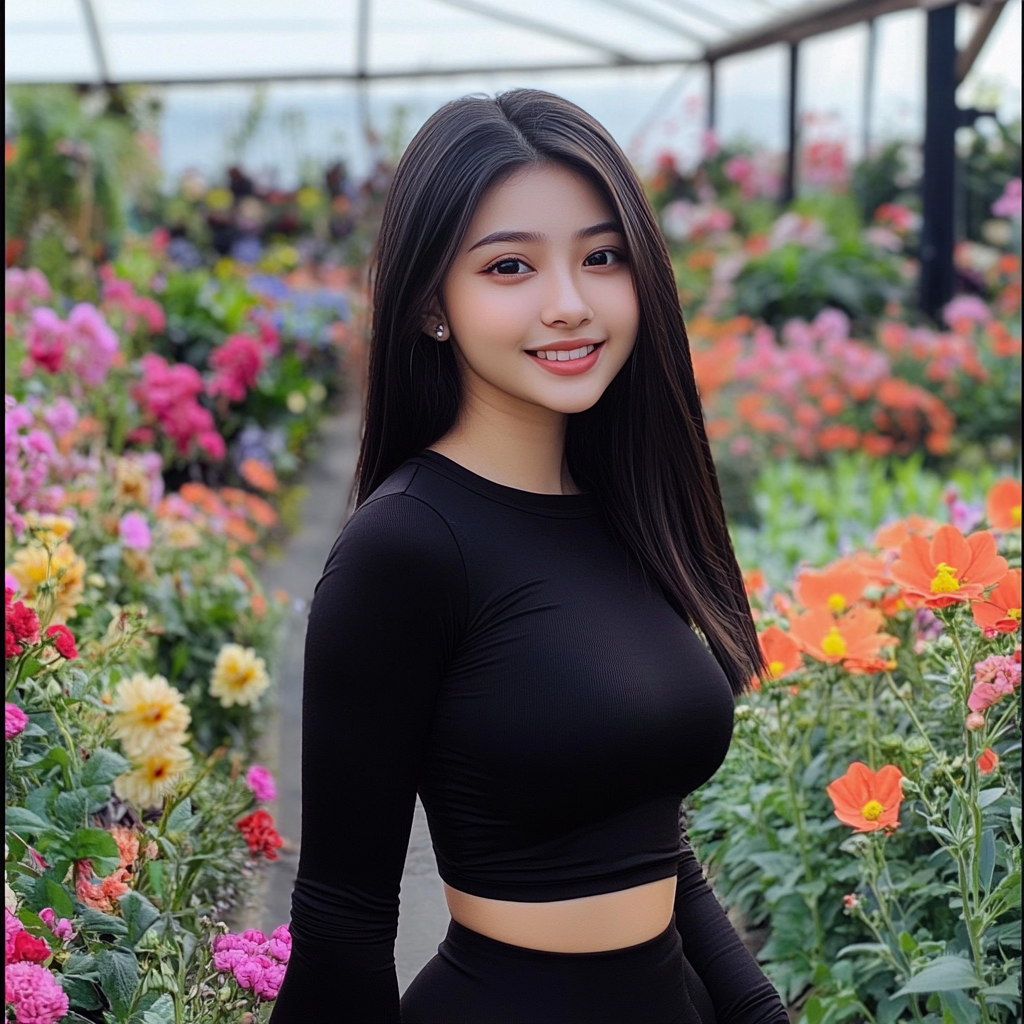 A Cute Indonesian Girl Smiling in Flower Garden