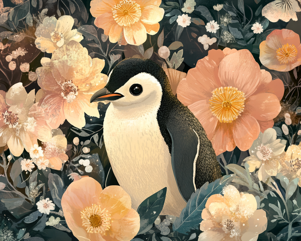 A Cute Penguin in a Flower Garden