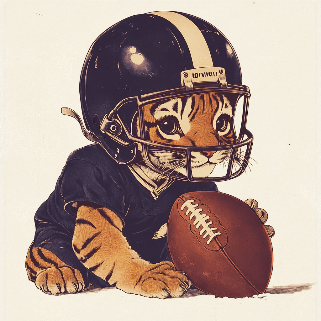 A Cute Tiger Cub in Football Gear. Vintage Style