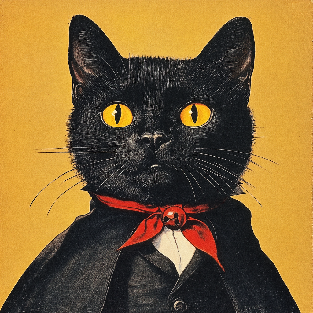 A Cute Vintage Halloween Cat Dressed as Vampire