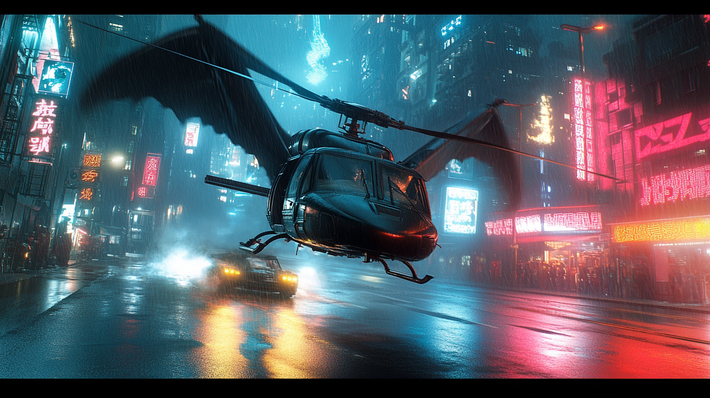 A Cyberpunk Huey helicopter chased by dragon.