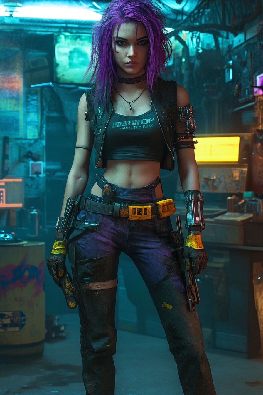 A Cyberpunk Mechanic Girl in a Neon Garage