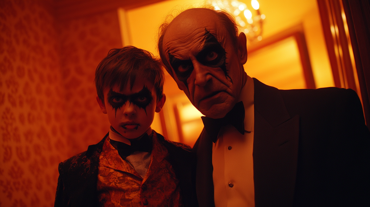 A Dad and Son in Vampire Costumes at Halloween