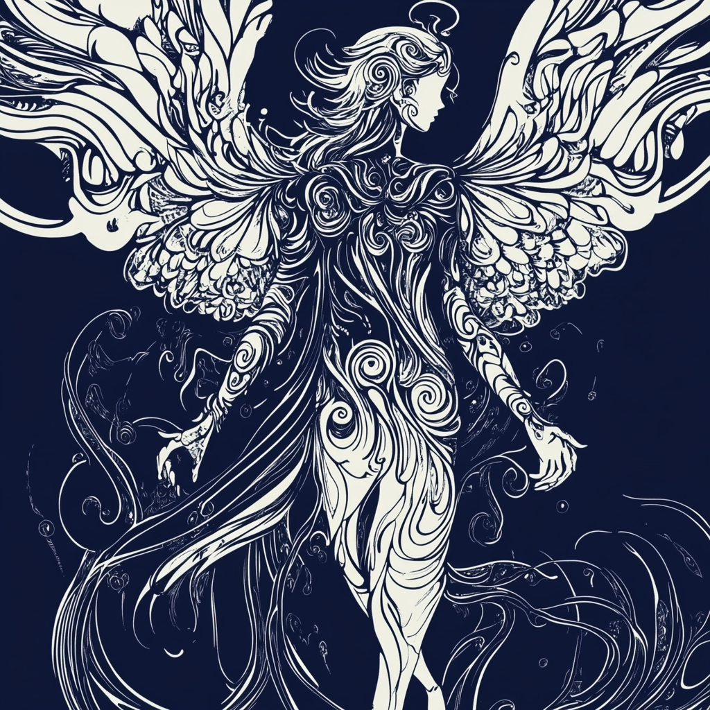 A Dark Blue, Black Cyber Angel Drawing