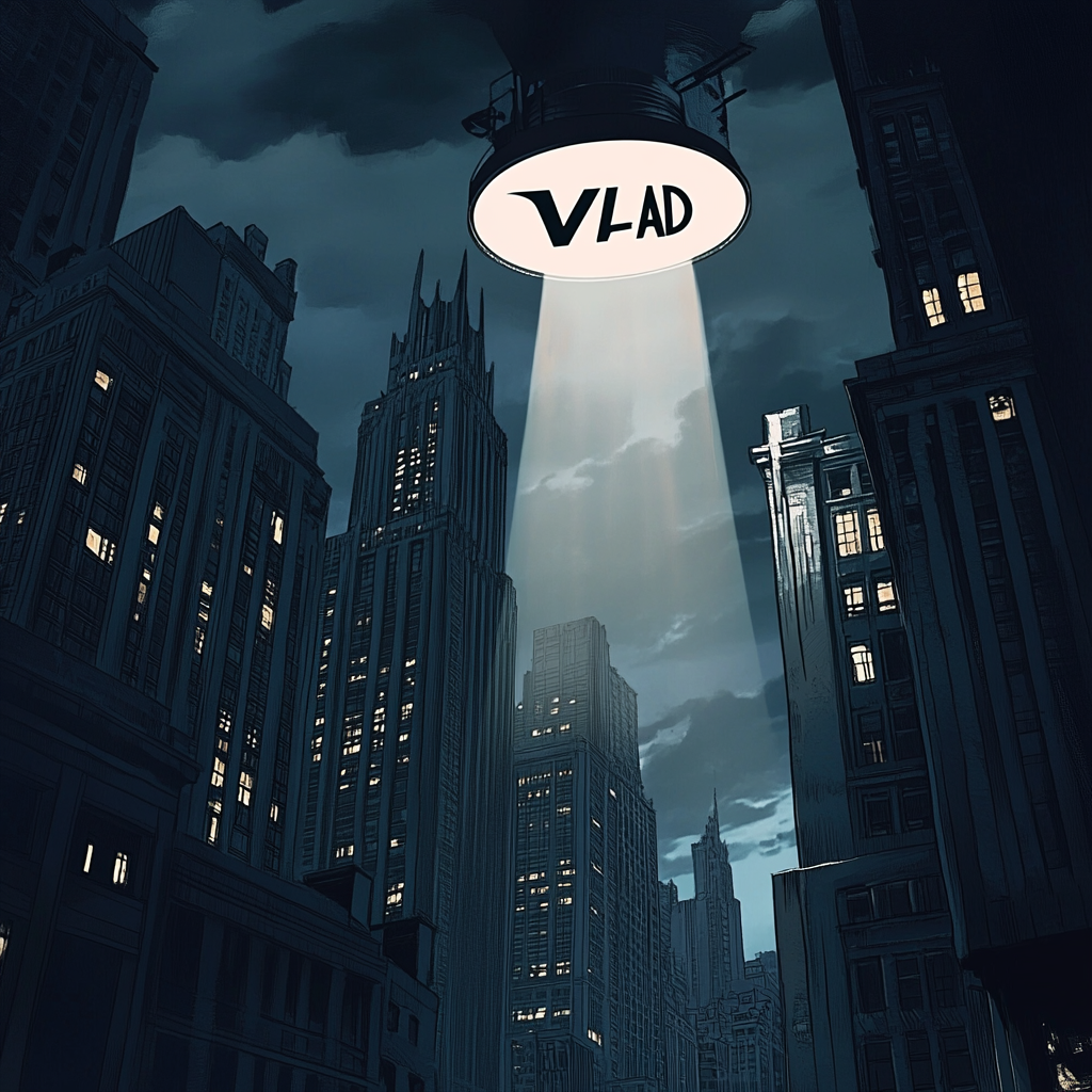 A Dark City with 'VLAD' Spotlight Sign