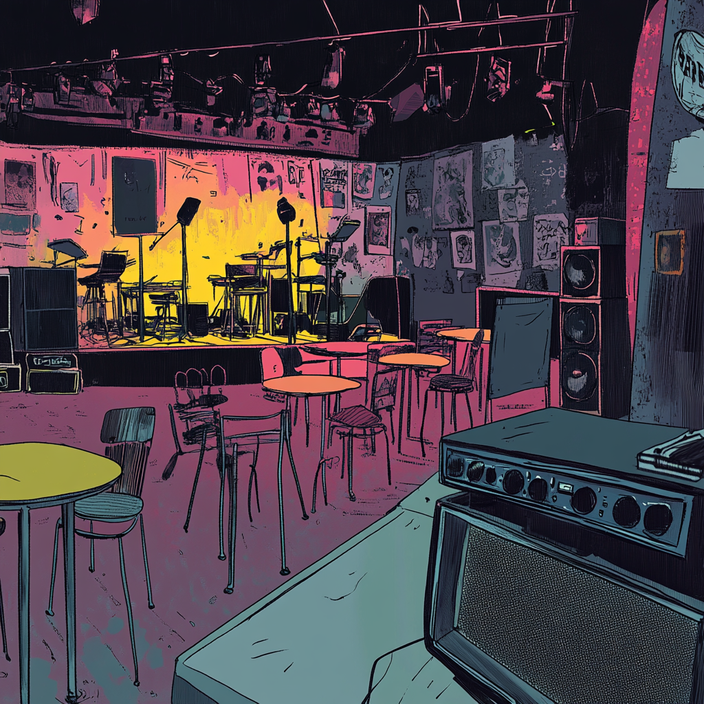 A Dark Punk-Style Brasserie with Stage View