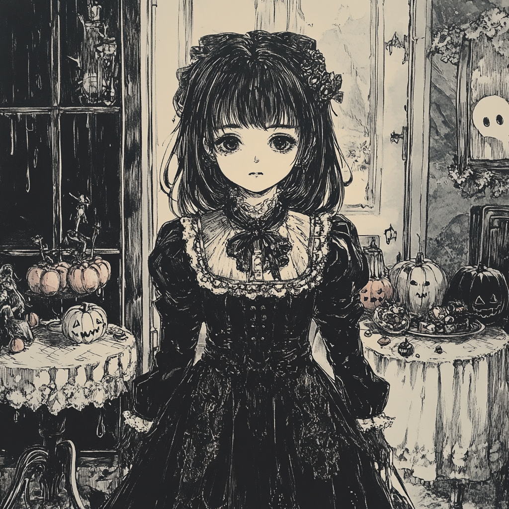 A Dark Victorian Girl in Halloween Room