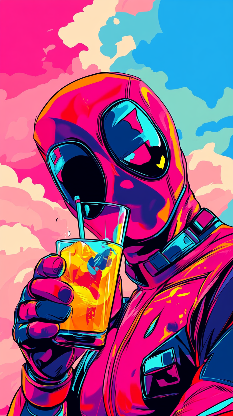 A Deadpool Drinking Lemonade in Pop Art Style