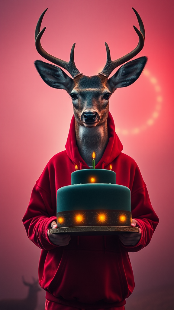 A Deer in a Red Hoodie Holding a Birthday Cake in Dreamy Neon Background