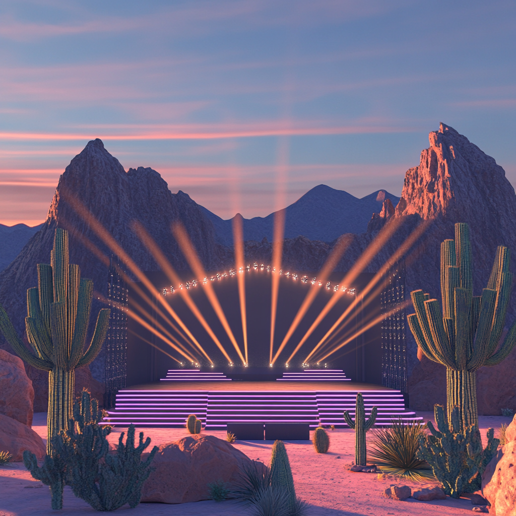 A Desert Rock Concert Stage with Cacti Skyline