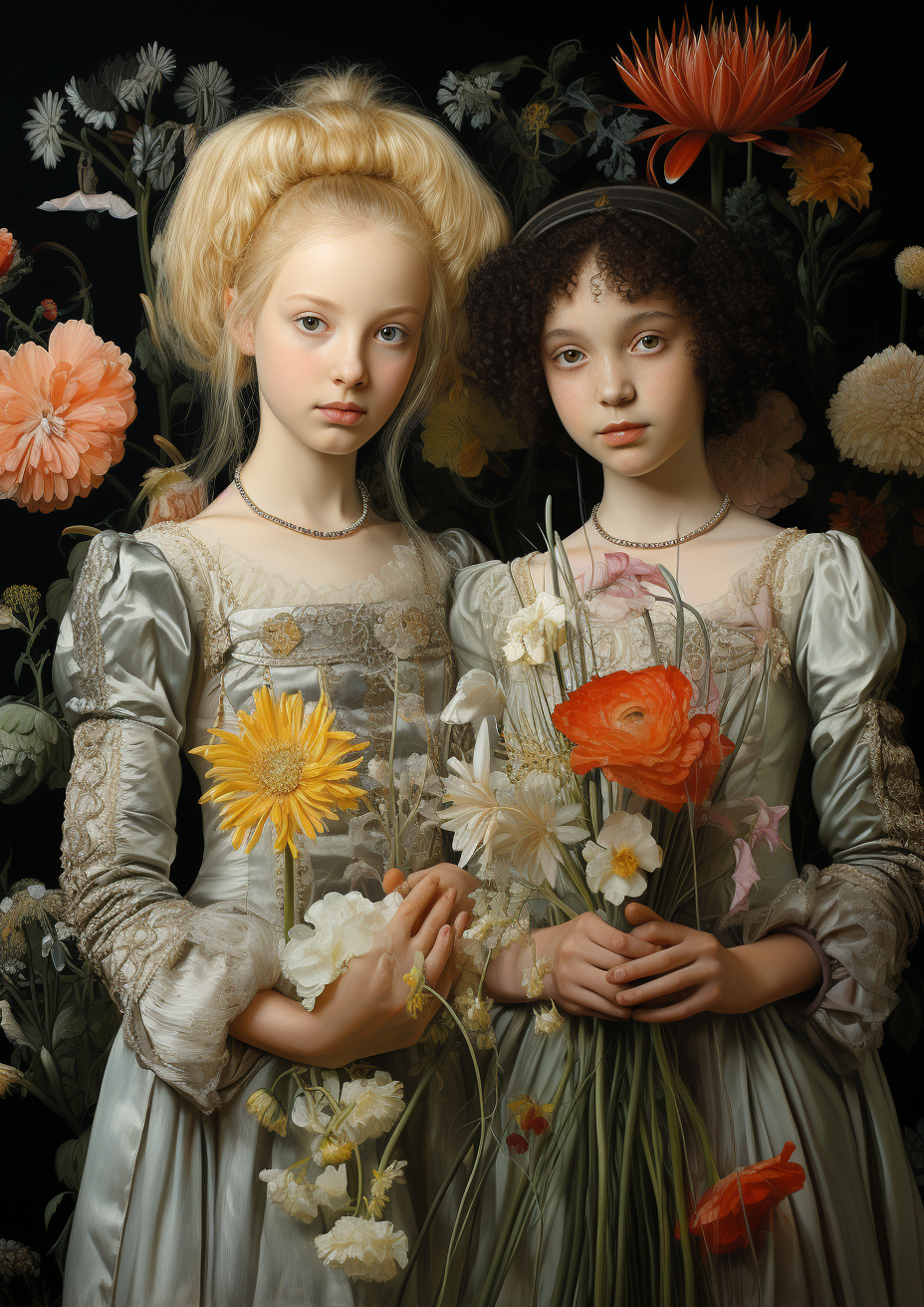 A Detailed, Elegant Painting of Girls with Swan