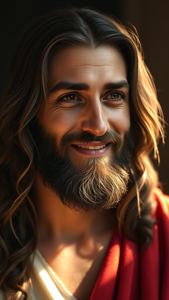 A Detailed Portrait of Joyful Jesus in Soft Lighting