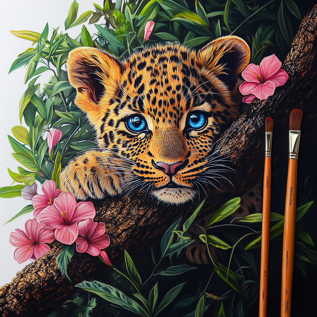 A Detailed Realistic Painting of a Cute Leopard Cub