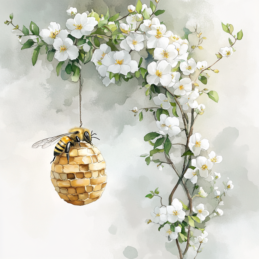 A Detailed Watercolor of Beehive on Flowering Tree