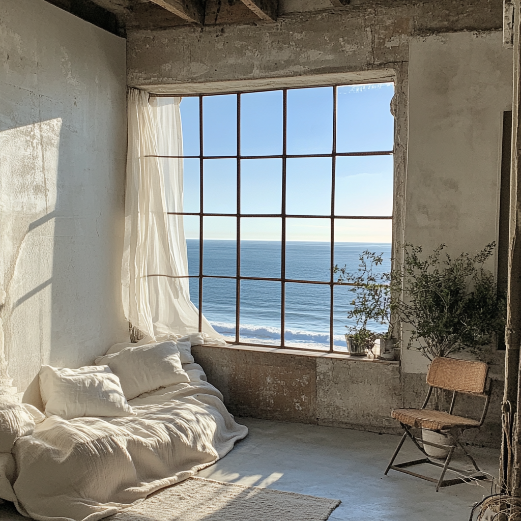 A Detailed Window in Warehouse Loft Overlooking Ocean