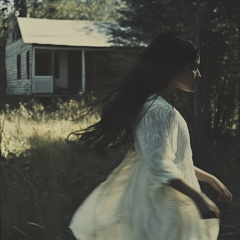 A Determined Woman in Antique Dress gazes forward.