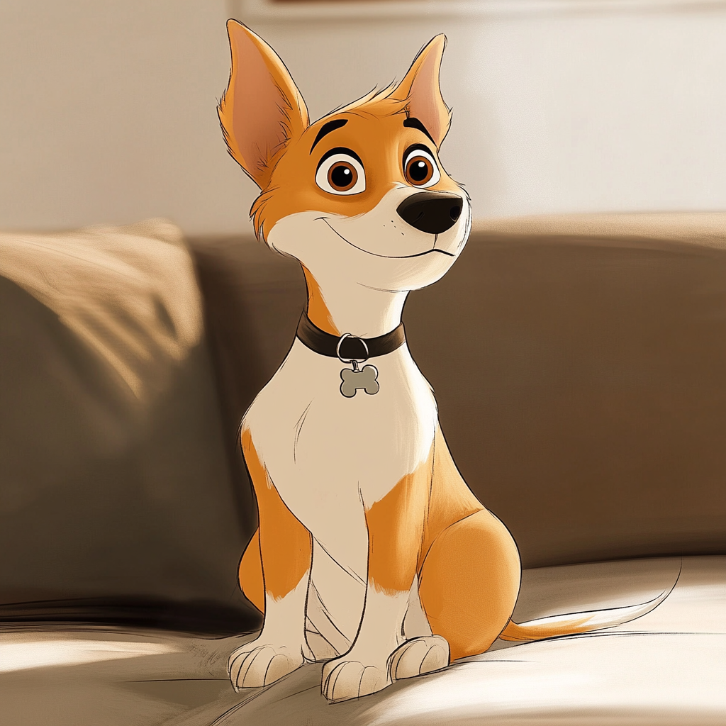 A Disney Pixar Style Medium-Sized Dog on Couch